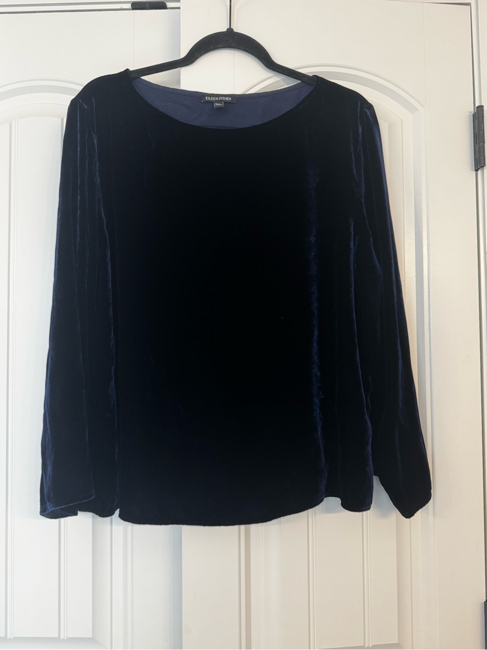 Eileen Fisher Deep Navy Velvet Long Sleeve Blouse, large, excellent